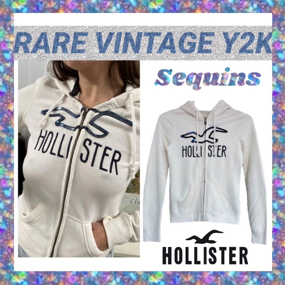 Vintage Y2K Hollister Hoodie Retro Sequin Blue Bird Off White Cream Size X Small